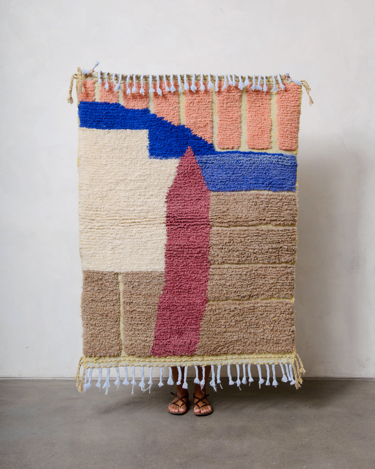 Modern, designer, handcrafted Berber rug from Morocco. Beniourain carpet with beautiful colours and patterns and fluffy wool texture.